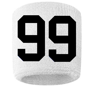 Number 99 Custom White w/ Black #'s Sweatband Wristband Embroidered Stitched