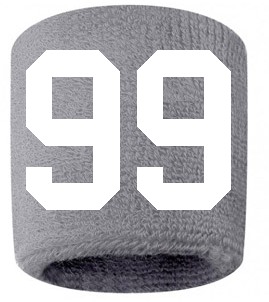 Number 99 Custom Gray w/ White #'s Sweatband Wristband Embroidered Stitched