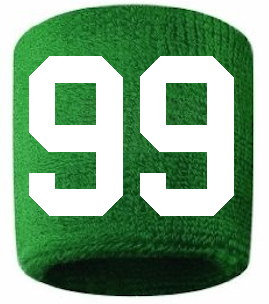 Number 99 Custom Green w/ White #'s Sweatband Wristband Embroidered Stitched