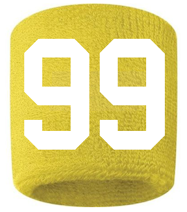 Number 99 Custom Yellow w/ White #'s Sweatband Wristband Embroidered Stitched
