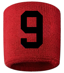 Number 9 Custom Red w/ Black #'s Sweatband Wristband Embroidered Stitched