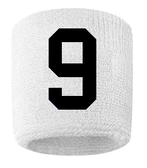 Number 9 Custom White w/ Black #'s Sweatband Wristband Embroidered Stitched