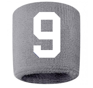 Number 9 Custom Gray w/ White #'s Sweatband Wristband Embroidered Stitched