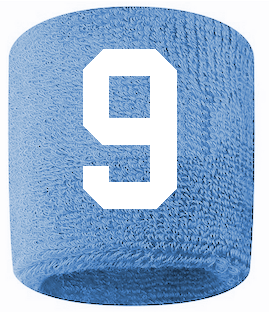 Number 9 Custom Light Blue w/ White #'s Sweatband Wristband Embroidered Stitched