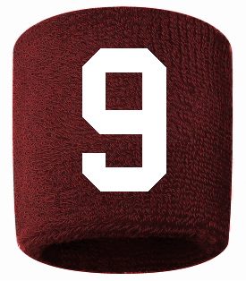 Number 9 Custom Maroon w/ White #'s Sweatband Wristband Embroidered Stitched