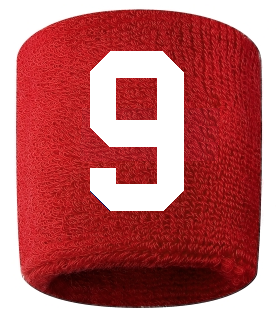 Number 9 Custom Red w/ White #'s Sweatband Wristband Embroidered Stitched