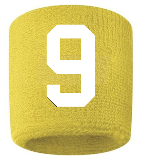 Number 9 Custom Yellow w/ White #'s Sweatband Wristband Embroidered Stitched
