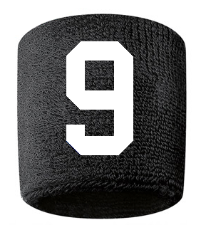 Number 9 Custom Black w/ White #'s Sweatband Wristband Embroidered Stitched
