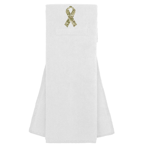 White Custom Football Towel with Camo Ribbon Salute to Service Camouflage