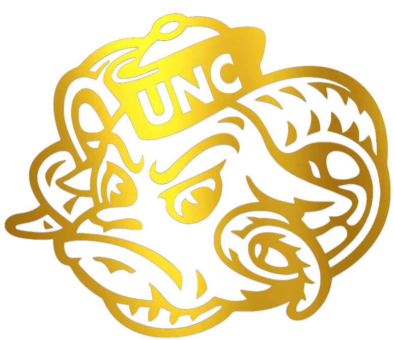 North Carolina Tar Heels GOLD CHROME MIRROR Rameses Mascot Logo Premium DieCut Vinyl Decal PICK SIZE