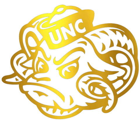 North Carolina Tar Heels GOLD CHROME MIRROR Rameses Mascot Logo Premium DieCut Vinyl Decal PICK SIZE