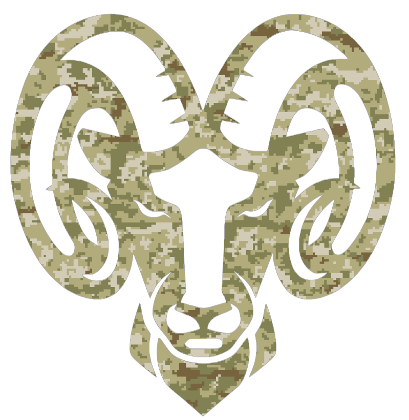 Rhode Island Rams Mascot Logo Salute to Service Camouflage Camo Vinyl Decal PICK SIZE