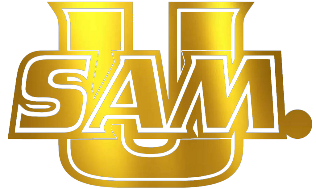 Samford Bulldogs GOLD CHROME MIRROR USAM Logo Premium DieCut Vinyl Decal PICK SIZE