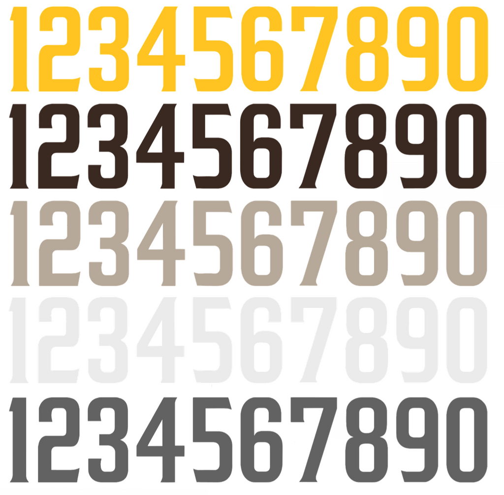 San Diego Padres Baseball Helmet Jersey Style Vinyl Number Decal Sheet Set of 50 #0-9 - Pick Color & Size