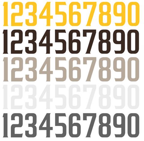 San Diego Padres Baseball Helmet Jersey Style Vinyl Number Decal Sheet Set of 50 #0-9 - Pick Color & Size