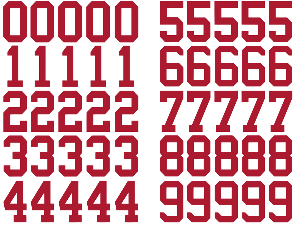 San Fransisco 49ers Jersey Style Vinyl Number Decal Sheet Set of 50 #0-9 - Pick Color & Size