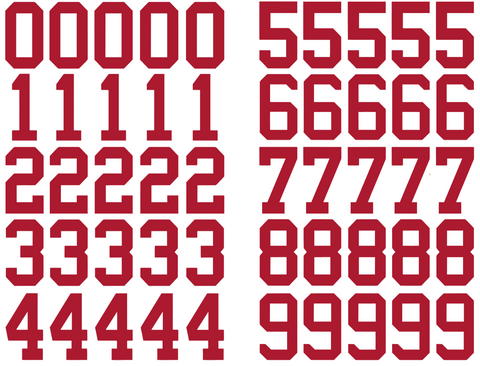 San Fransisco 49ers Jersey Style Vinyl Number Decal Sheet Set of 50 #0-9 - Pick Color & Size