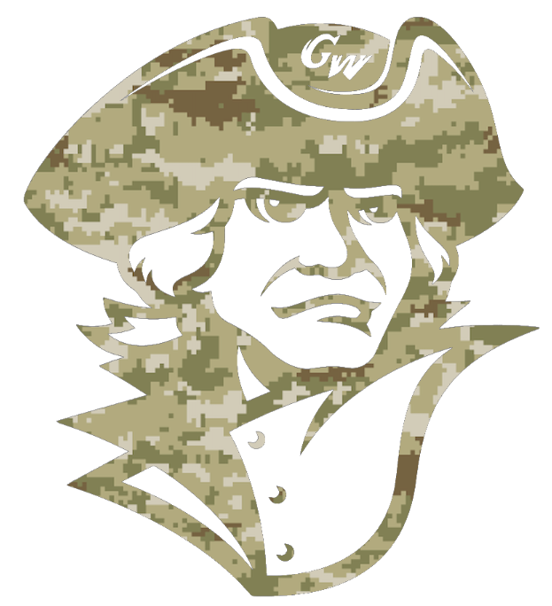 George Washington Colonials Mascot Logo Salute to Service Camouflage Camo Vinyl Decal PICK SIZE