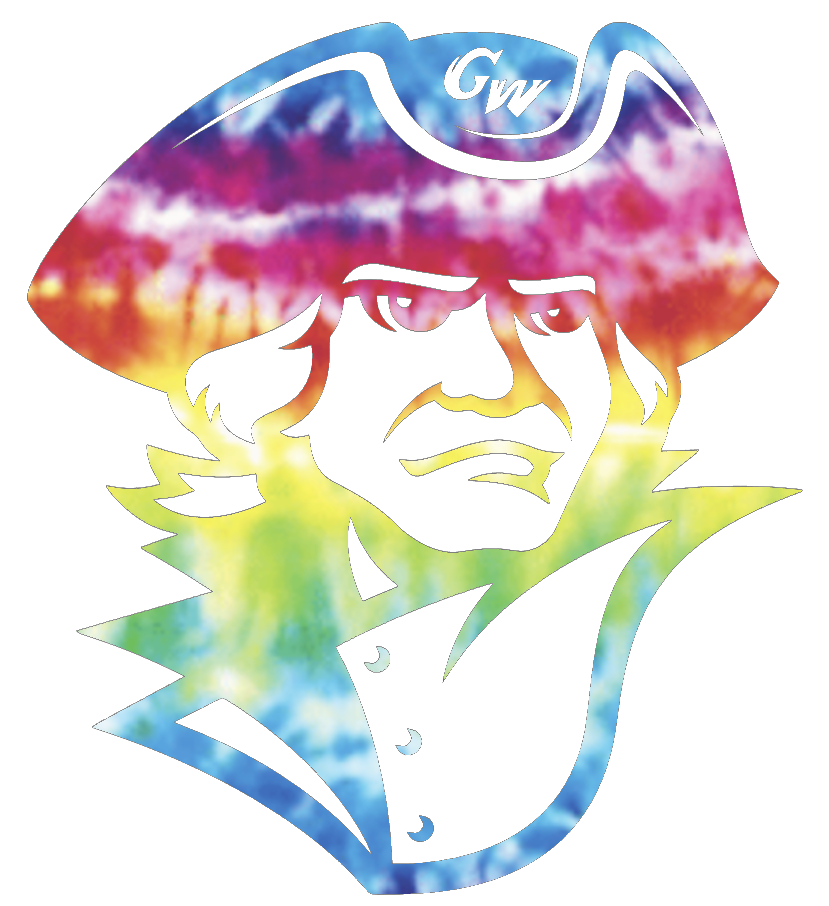 George Washington Colonials Mascot Logo Crucial Catch Cancer Tie Dye Vinyl Decal PICK SIZE
