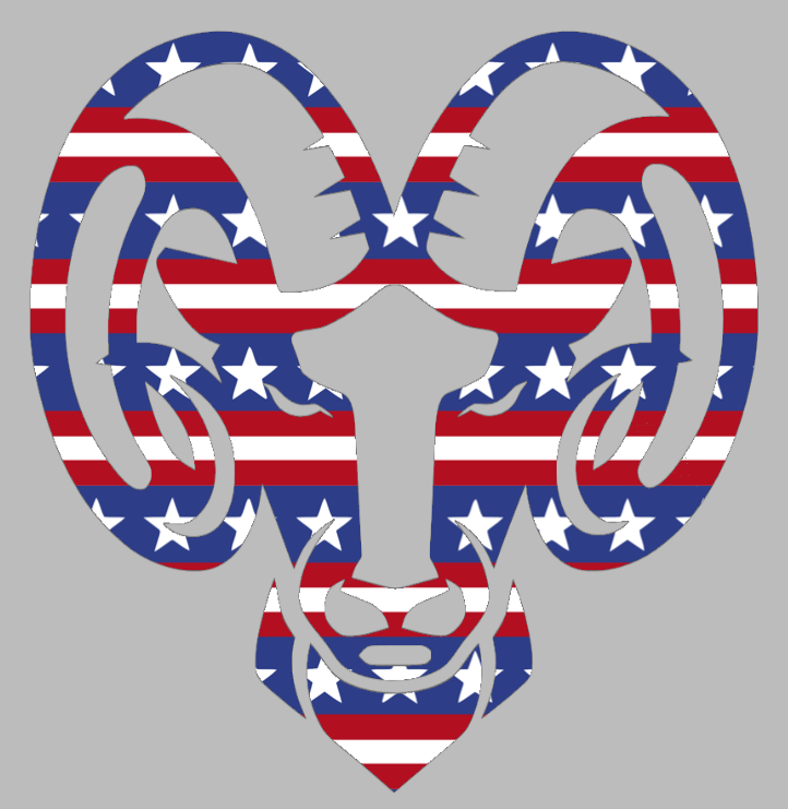 Rhode Island Rams Mascot Logo Stars & Stripes USA American Flag Vinyl Decal PICK SIZE