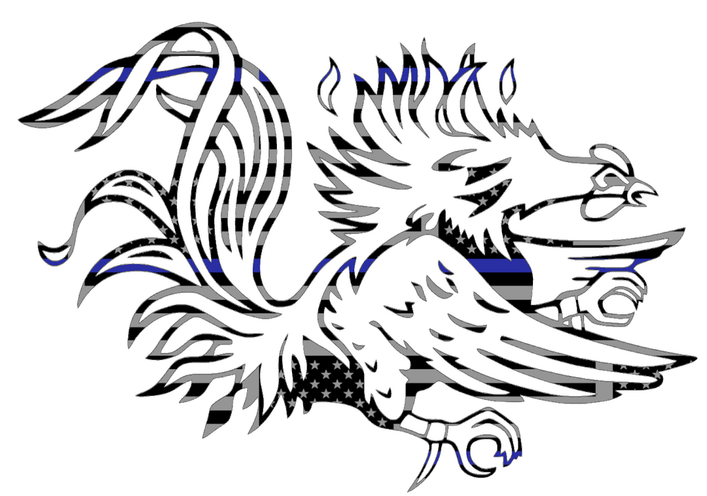 South Carolina Gamecocks Mascot Logo Thin Blue Line American Flag Premium DieCut Vinyl Decal PICK SIZE