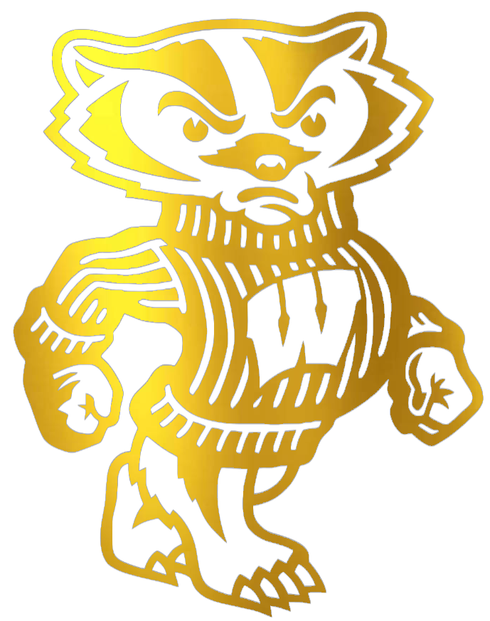 Wisconsin Badgers GOLD CHROME MIRROR Bucky Mascot Logo Premium DieCut Vinyl Decal PICK SIZE
