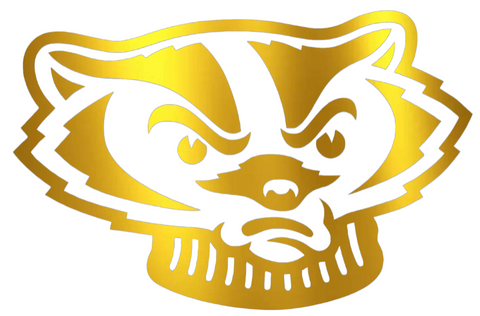 Wisconsin Badgers GOLD CHROME MIRROR Bucky Mascot Head Logo Premium DieCut Vinyl Decal PICK SIZE