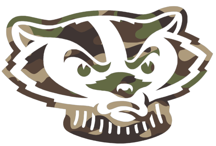 Wisconsin Badgers Woodland Camo Camouflage Bucky Mascot Head Logo Premium DieCut Vinyl Decal PICK SIZE