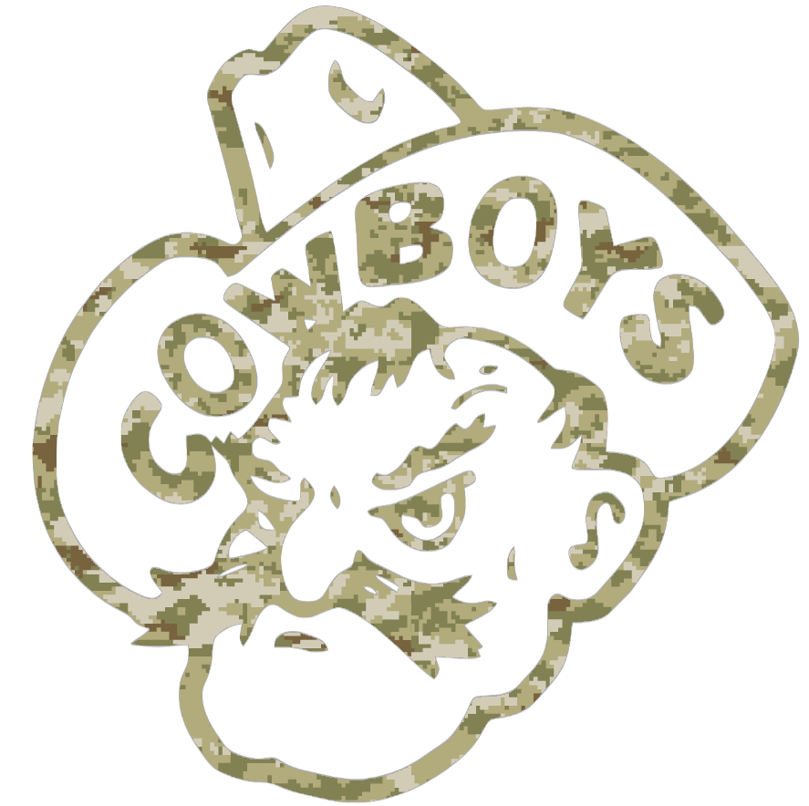 Wyoming Cowboys Mascot Logo Salute to Service Camouflage Camo Vinyl Decal PICK SIZE