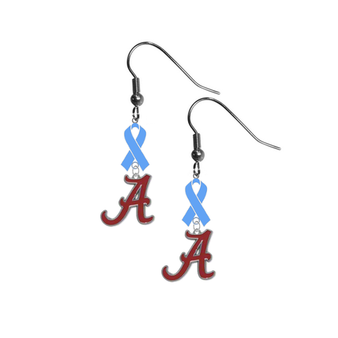 Alabama Crimson Tide Prostate Cancer Awareness Light Blue Ribbon Dangle Earrings