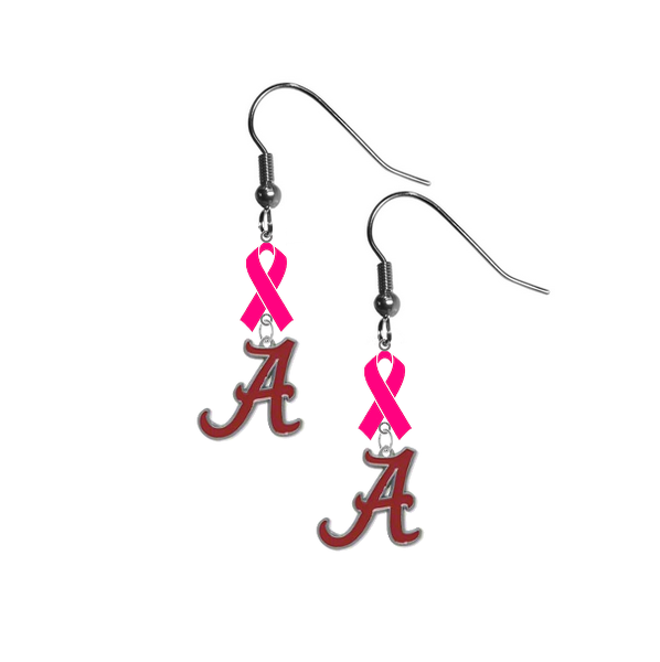 Alabama Crimson Tide Breast Cancer Awareness Hot Pink Ribbon Dangle Earrings