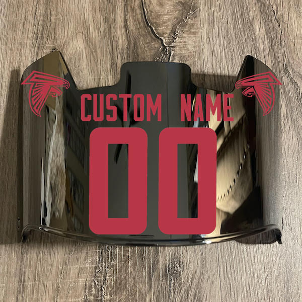 Atlanta Falcons Custom Name & Number Full Size Football Helmet Visor Shield Chrome Silver Mirror w/ Clips - RED