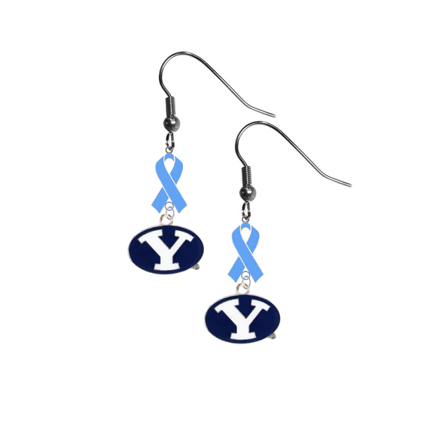 BYU Brigham Young Cougars Prostate Cancer Awareness Light Blue Ribbon Dangle Earrings
