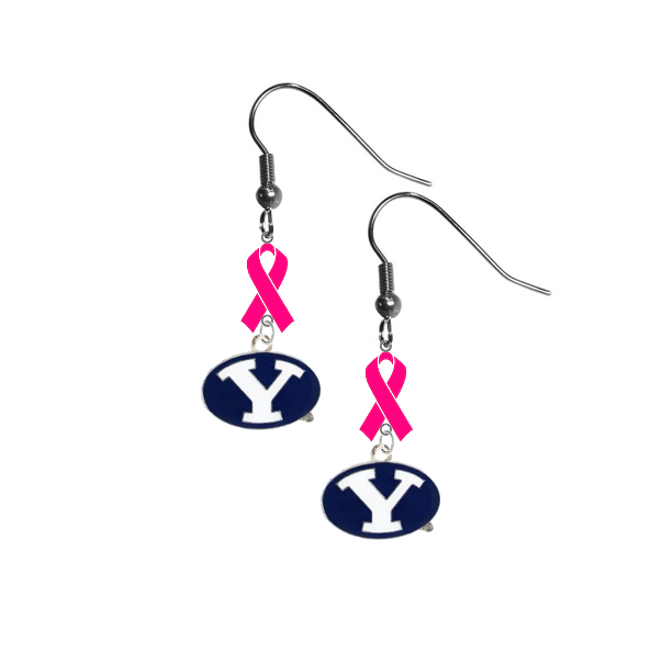 BYU Brigham Young Cougars Breast Cancer Awareness Hot Pink Ribbon Dangle Earrings