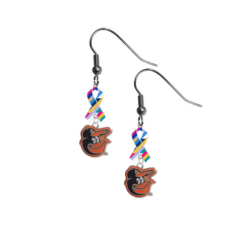 Baltimore Orioles Mascot MLB Crucial Catch Cancer Awareness Ribbon Dangle Earrings