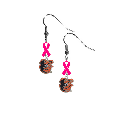 Baltimore Orioles Mascot Logo Breast Cancer Awareness Pink Ribbon Dangle Earrings