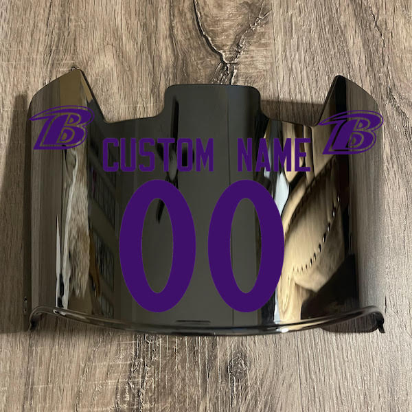 Baltimore Ravens Custom Name & Number Full Size Football Helmet Visor Shield Chrome Silver Mirror w/ Clips - PURPLE