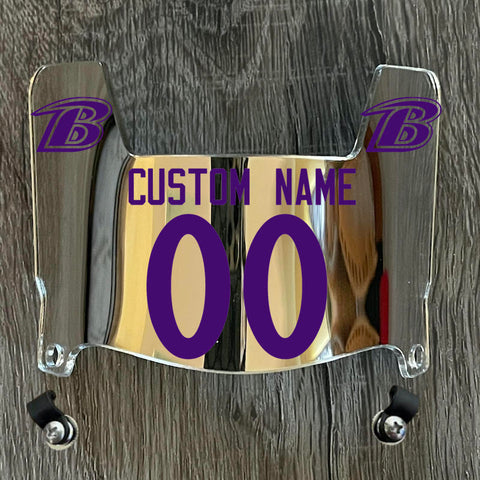 Baltimore Ravens Custom Name & Number Mini Football Helmet Visor Shield Silver Chrome Mirror w/ Clips - PURPLE