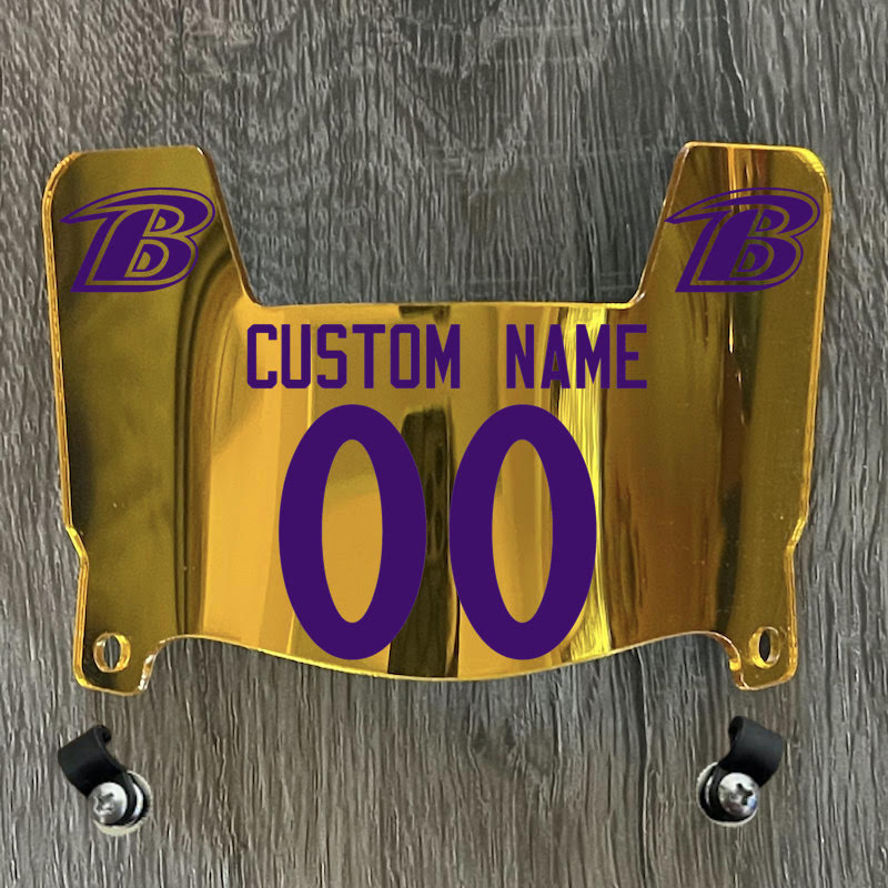 Baltimore Ravens Custom Name & Number Mini Football Helmet Visor Shield Gold Chrome Mirror w/ Clips - PURPLE