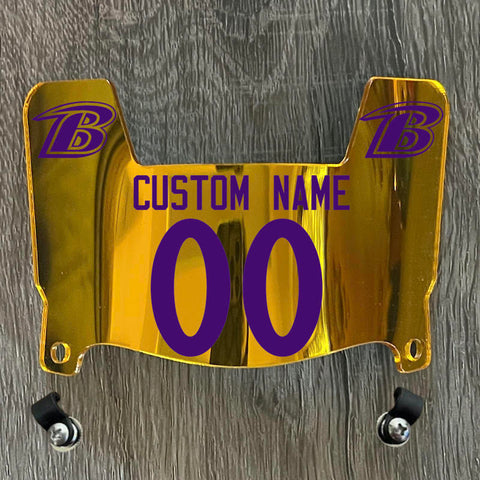 Baltimore Ravens Custom Name & Number Mini Football Helmet Visor Shield Gold Chrome Mirror w/ Clips - PURPLE