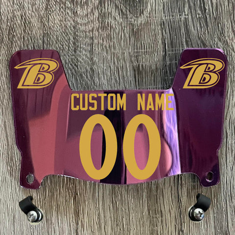 Baltimore Ravens Custom Name & Number Mini Football Helmet Visor Shield Purple Chrome Mirror w/ Clips - GOLD