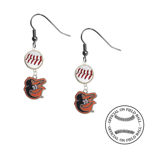 Baltimore Orioles Mascot Logo MLB Authentic Rawlings On Field Leather Baseball Dangle Earrings