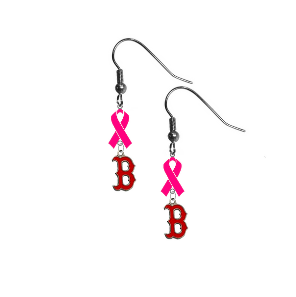 Boston Red Sox B Logo MLB Breast Cancer Awareness Pink Ribbon Dangle Earrings