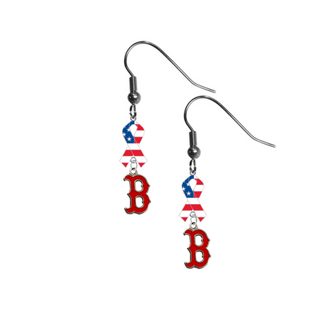 Boston Red Sox B Logo MLB USA American Flag Ribbon Dangle Earrings