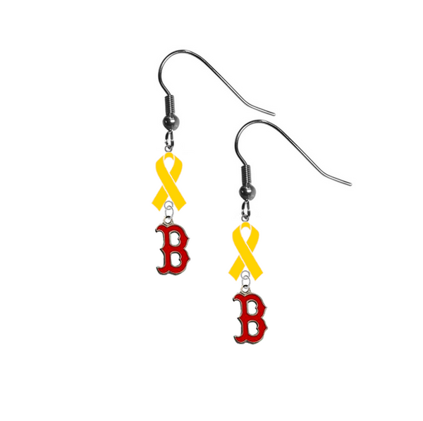 Boston Red Sox B Logo MLB Childhood Cancer Awareness Yellow Ribbon Dangle Earrings