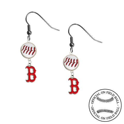 Boston Red Sox B Logo MLB Authentic Rawlings On Field Leather Baseball Dangle Earrings