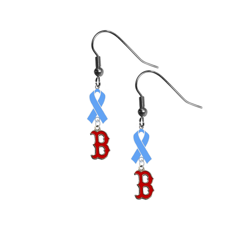 Boston Red Sox B Logo MLB Prostate Cancer Awareness Light Blue Ribbon Dangle Earrings