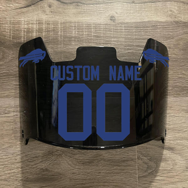 Buffalo Bills Custom Name & Number Full Size Football Helmet Visor Shield Black Dark Tint w/ Clips - BLUE