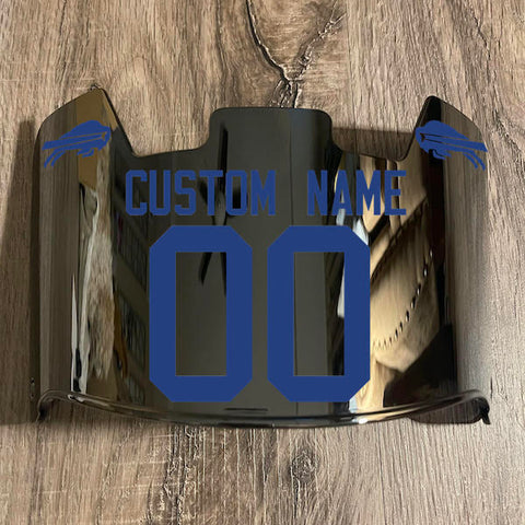 Buffalo Bills Custom Name & Number Full Size Football Helmet Visor Shield Chrome Silver Mirror w/ Clips - BLUE