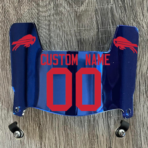 Buffalo Bills Custom Name & Number Mini Football Helmet Visor Shield Blue Chrome Mirror w/ Clips - RED